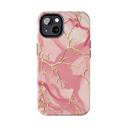 iPhone Elegance Unveiled: Pink & Gold Leaf Marble | Premium Tough iPhone Case