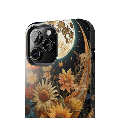 Celestial Charm: iPhone Case with Boho Cottagecore Fusion of Floral, Sun, Moon & Stars