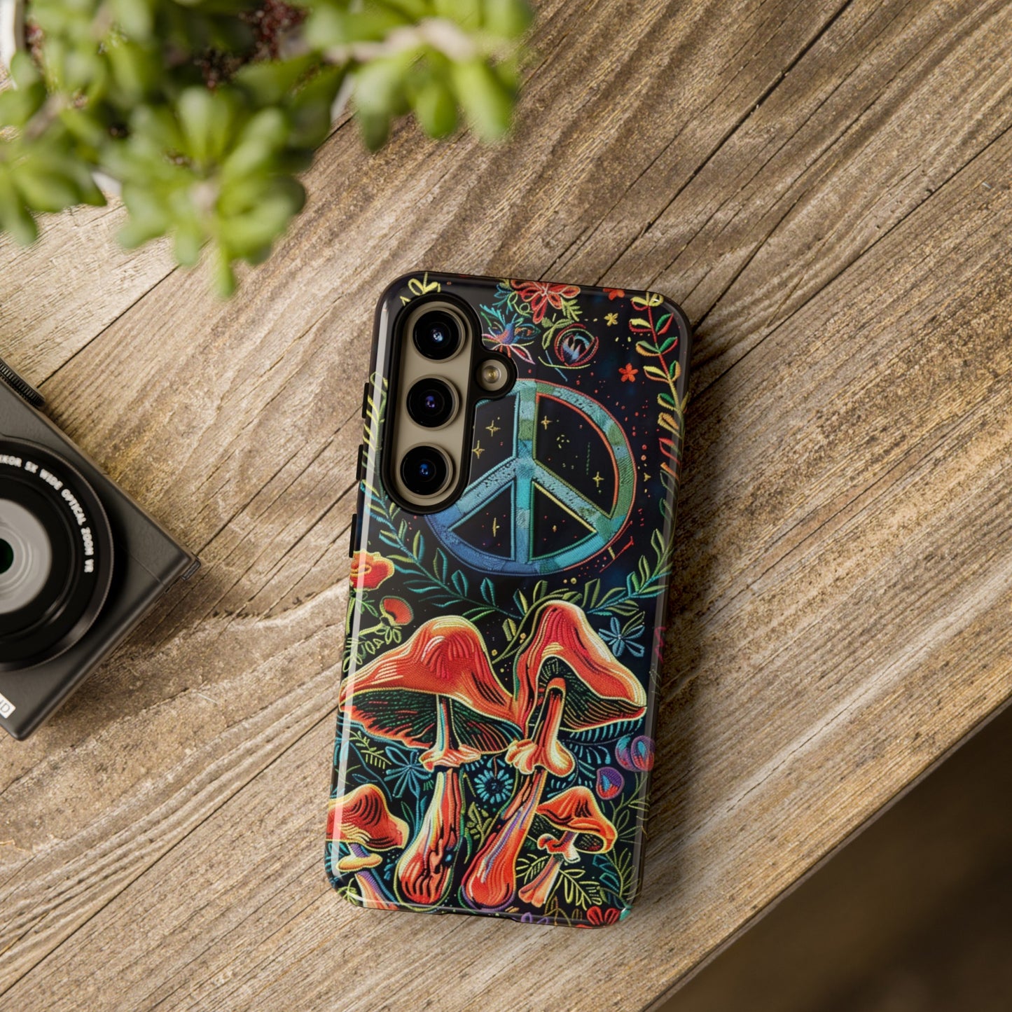 Embroidery Style Magic Mushrooms and Peace Sign Phone Case