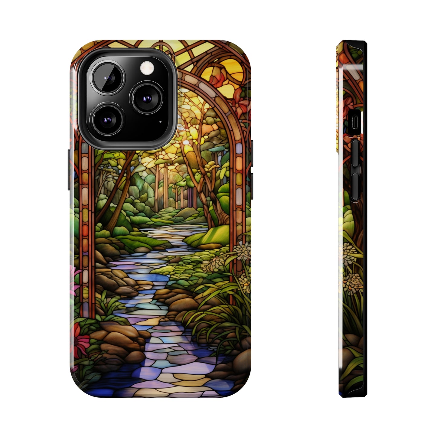 Stained Glass Stone Bridge and River Phone Case: Floral Art Nouveau Design | Bohemian Elegance for iPhone 14 Pro Max, iPhone 14 Plus