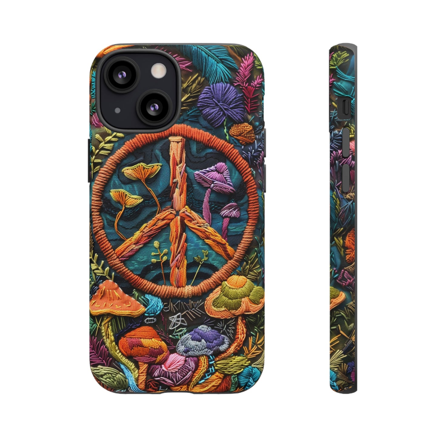 Embroidery Style Magic Mushrooms and Peace Sign Phone Case