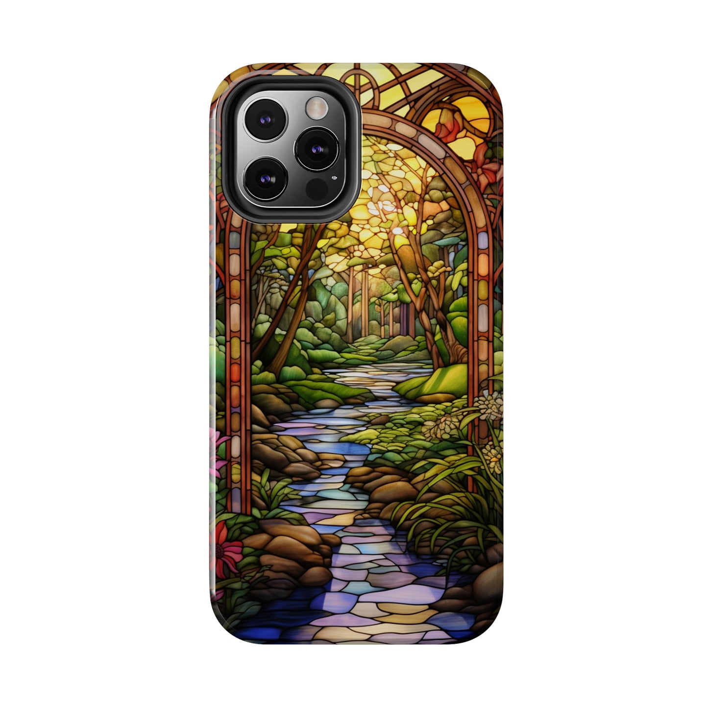 Stained Glass Stone Bridge and River Phone Case: Floral Art Nouveau Design | Bohemian Elegance for iPhone 14 Pro Max, iPhone 14 Plus