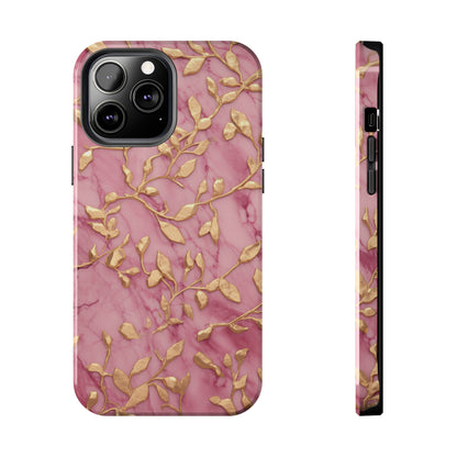 iPhone 14 Case Alluring Elegance: Pink & Gold Leaf Tough iPhone Case