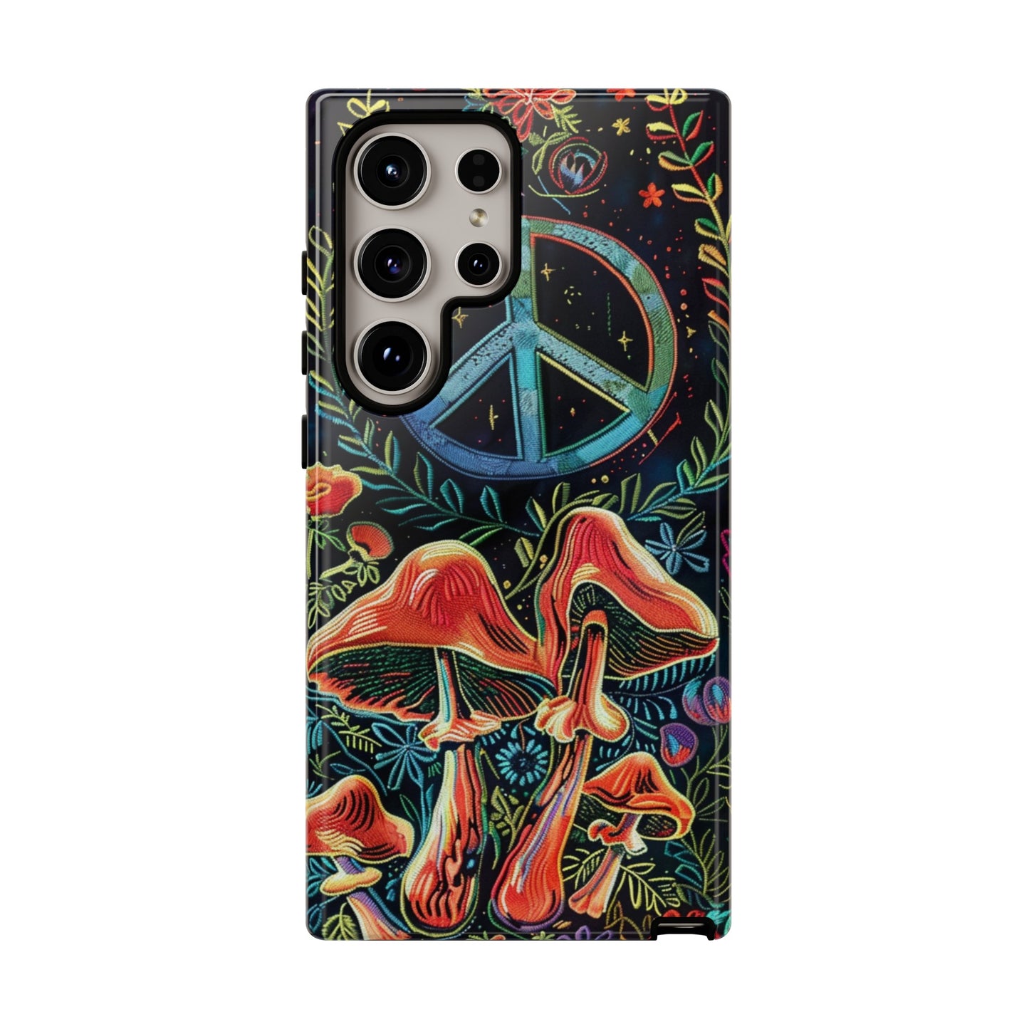 Embroidery Style Magic Mushrooms and Peace Sign Phone Case