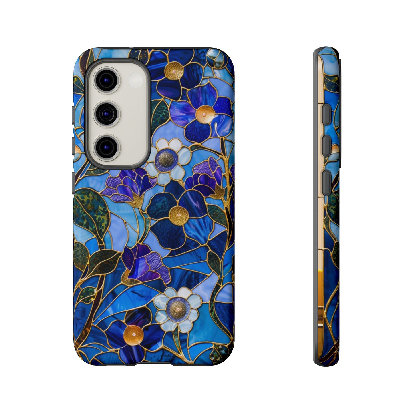 Blue Floral Stained Glass Gold Inlay Wild Flowers Phone Case