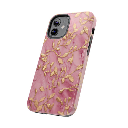 iPhone 14 Case Alluring Elegance: Pink & Gold Leaf Tough iPhone Case