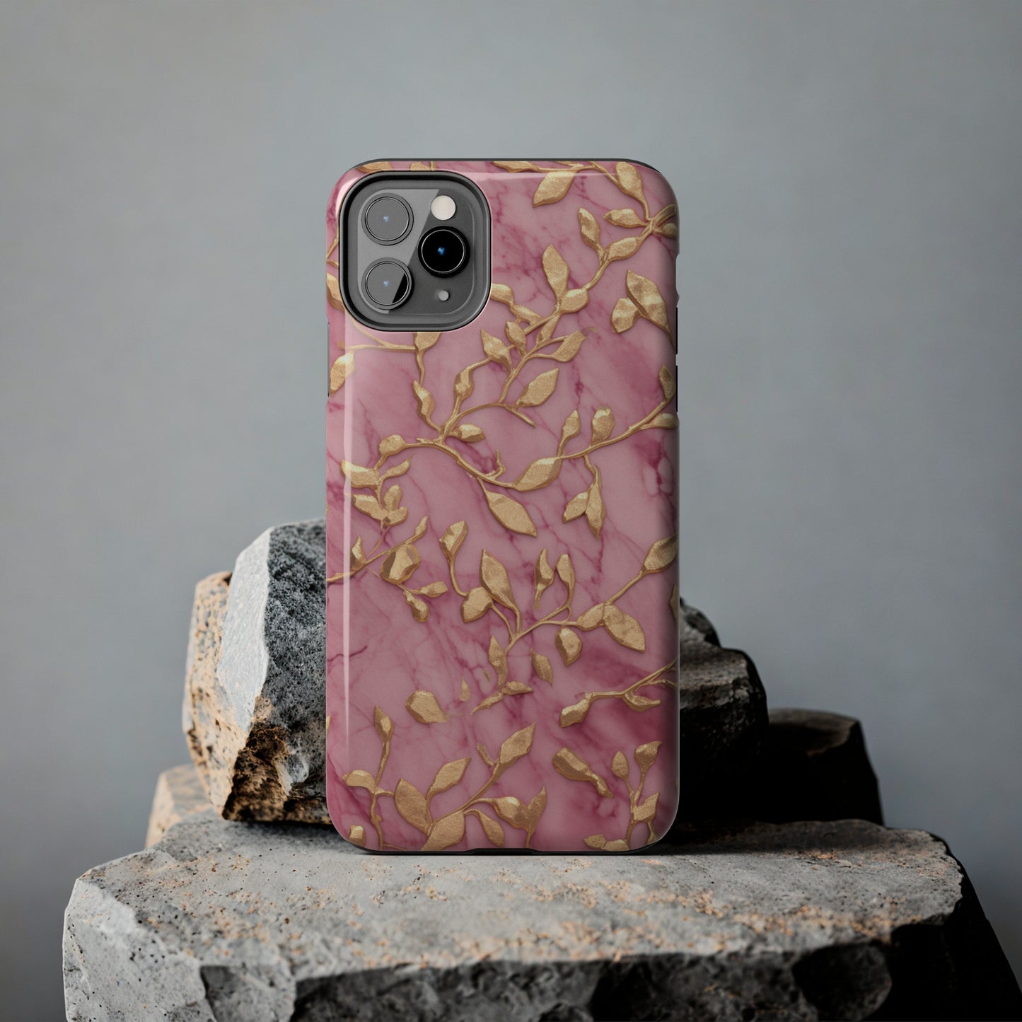 iPhone 14 Case Alluring Elegance: Pink & Gold Leaf Tough iPhone Case