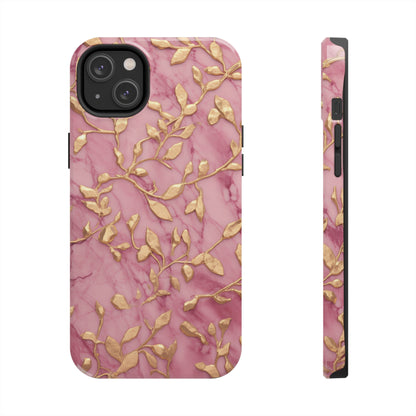 iPhone 14 Case Alluring Elegance: Pink & Gold Leaf Tough iPhone Case