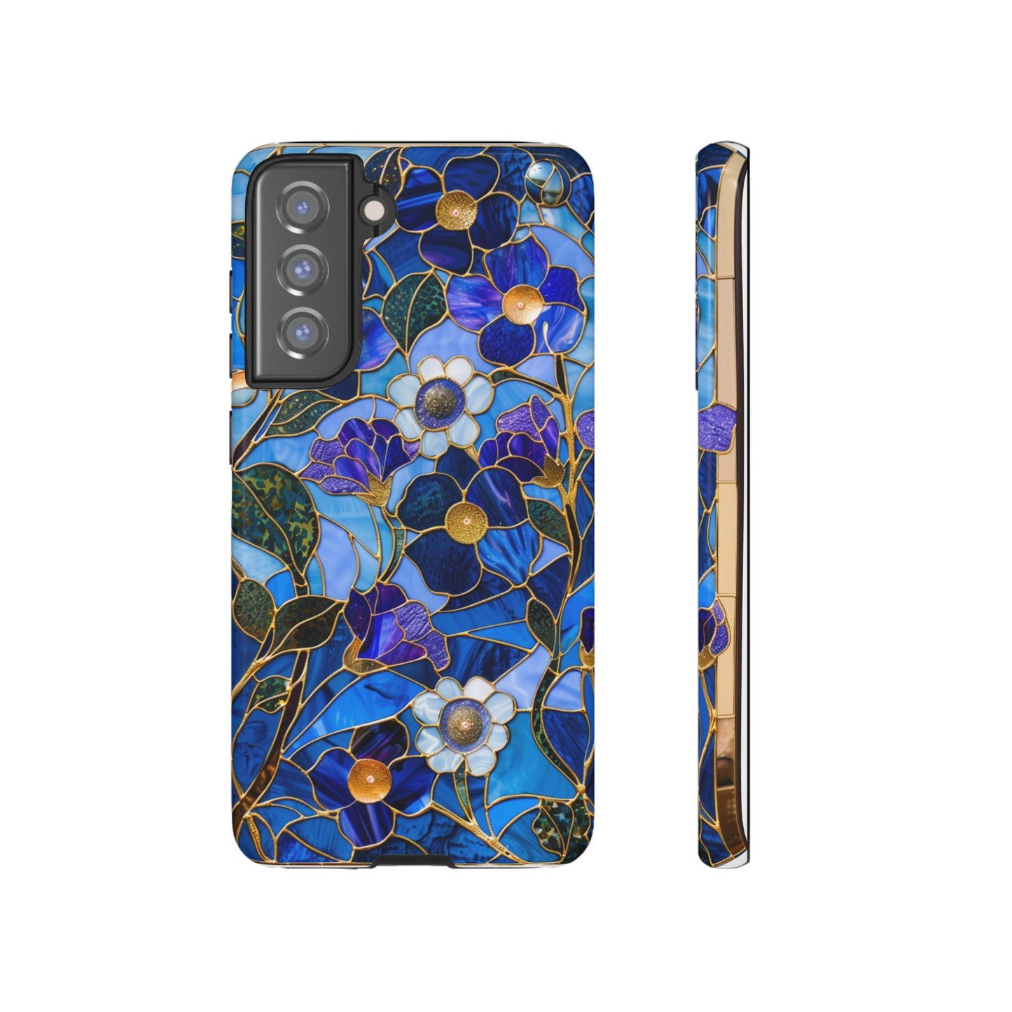 Blue Floral Stained Glass Gold Inlay Wild Flowers Phone Case