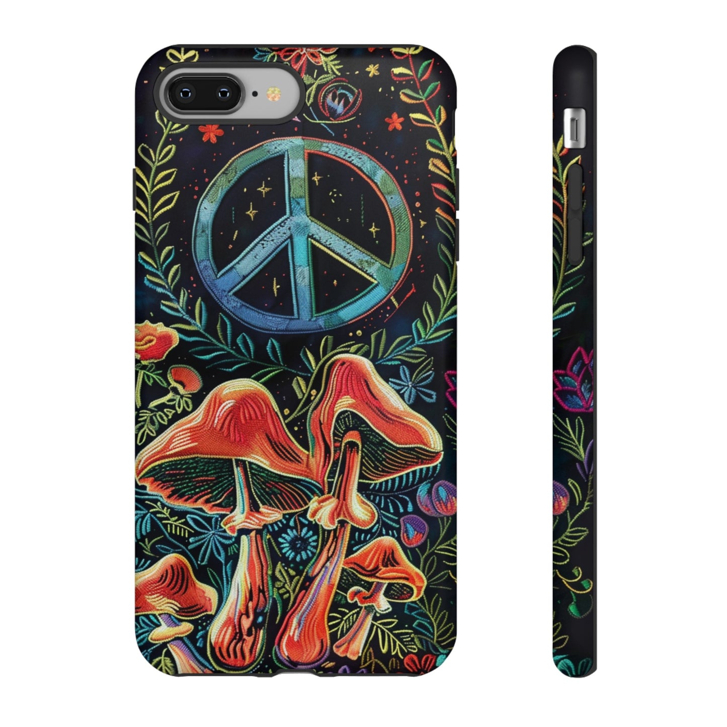 Embroidery Style Magic Mushrooms and Peace Sign Phone Case