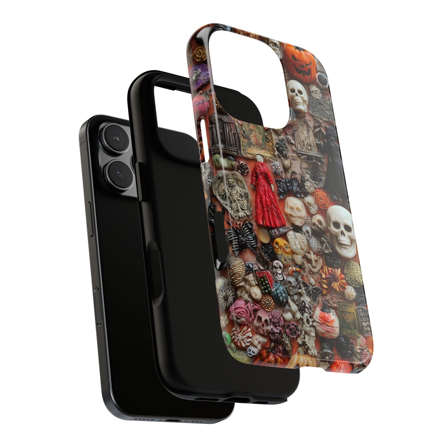 Phone case with Halloween-themed design featuring skulls and pumpkins on a white background