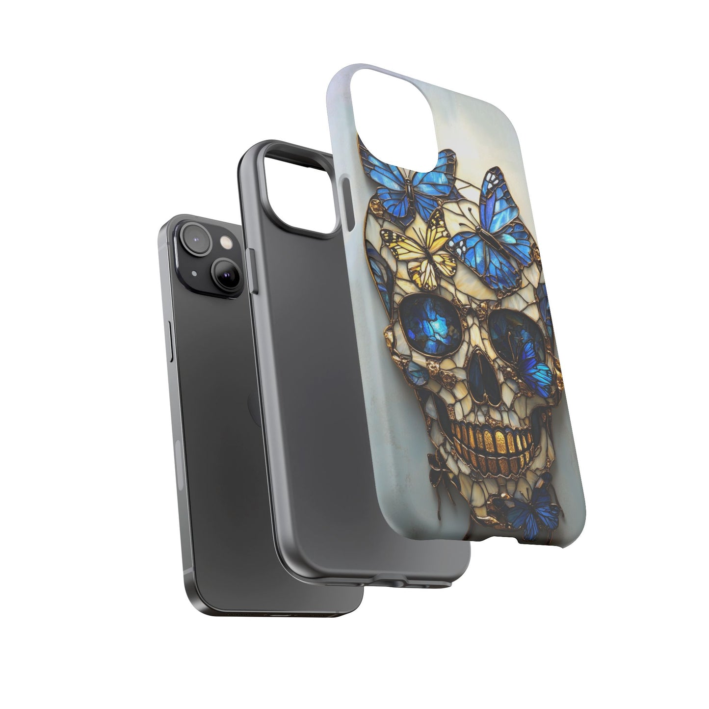 Gold and Blue Stained Glass Skull and Butterflies Phone Cover