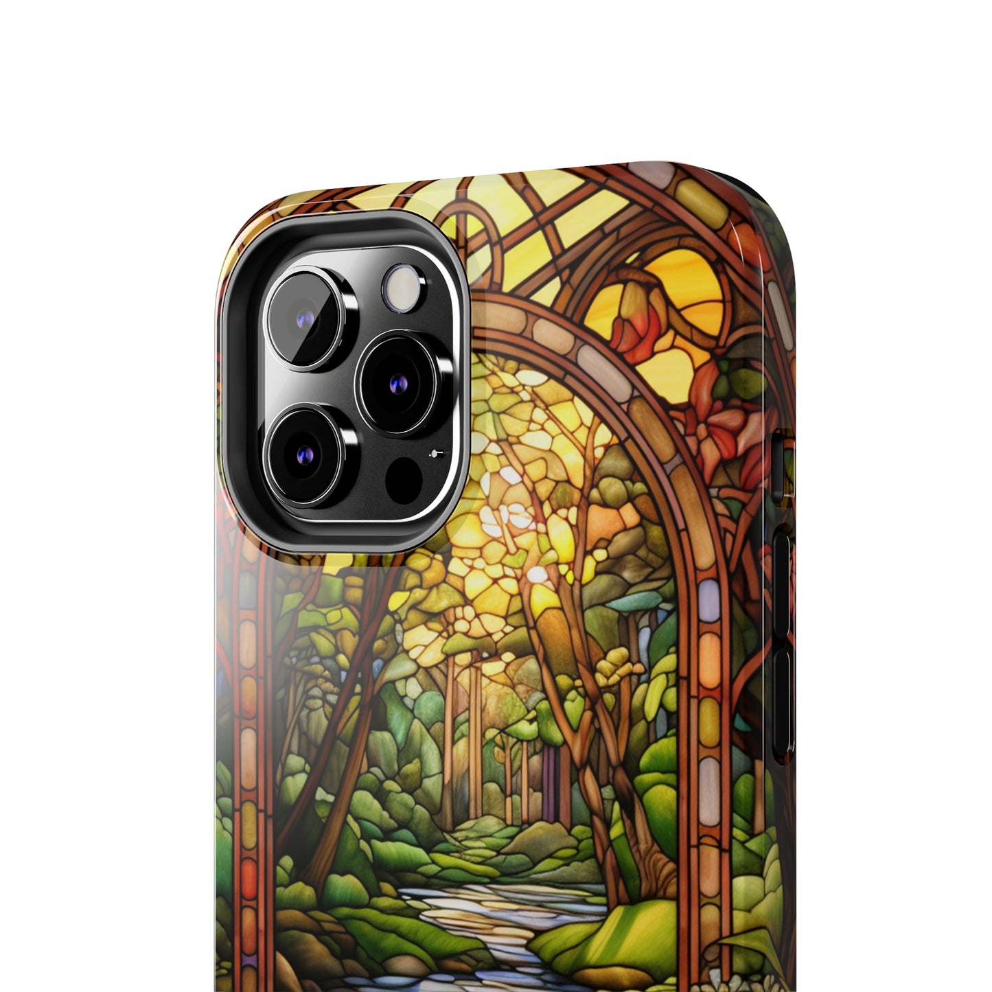 Stained Glass Stone Bridge and River Phone Case: Floral Art Nouveau Design | Bohemian Elegance for iPhone 14 Pro Max, iPhone 14 Plus