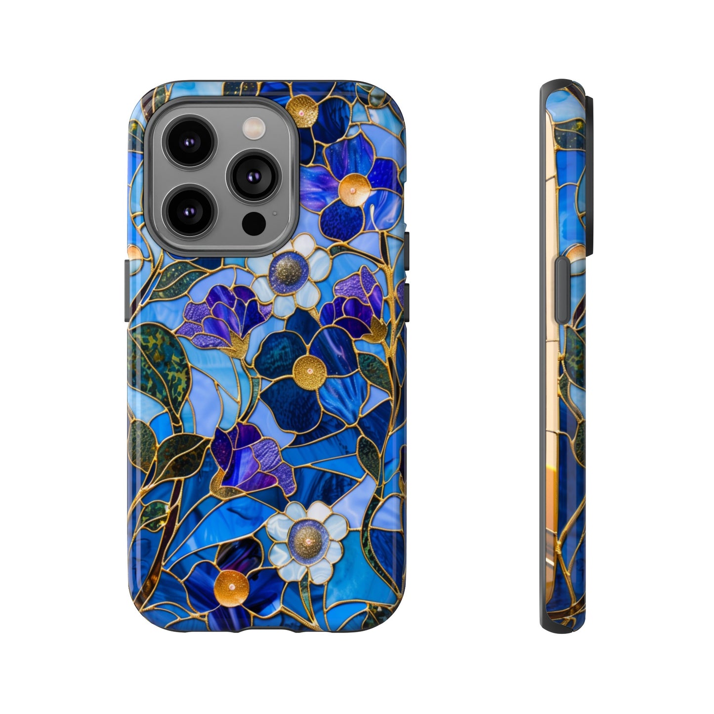 Blue Floral Stained Glass Gold Inlay Wild Flowers Phone Case