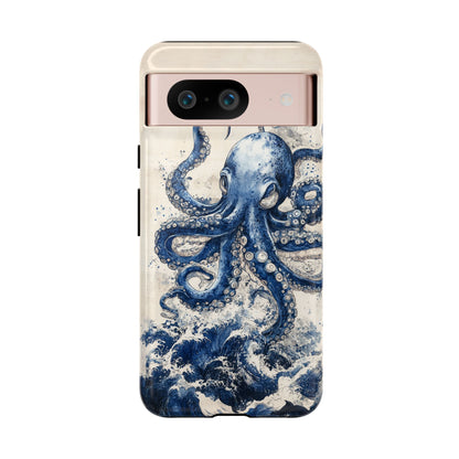 Vintage Japanese Art Style Blue Octopus and Waves Phone Cover