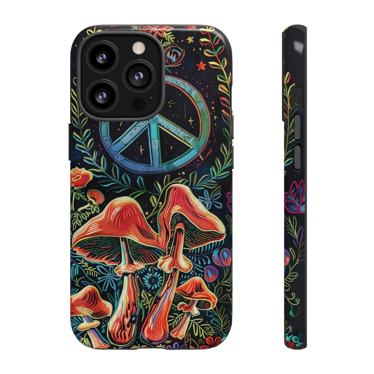 Embroidery Style Magic Mushrooms and Peace Sign Phone Case