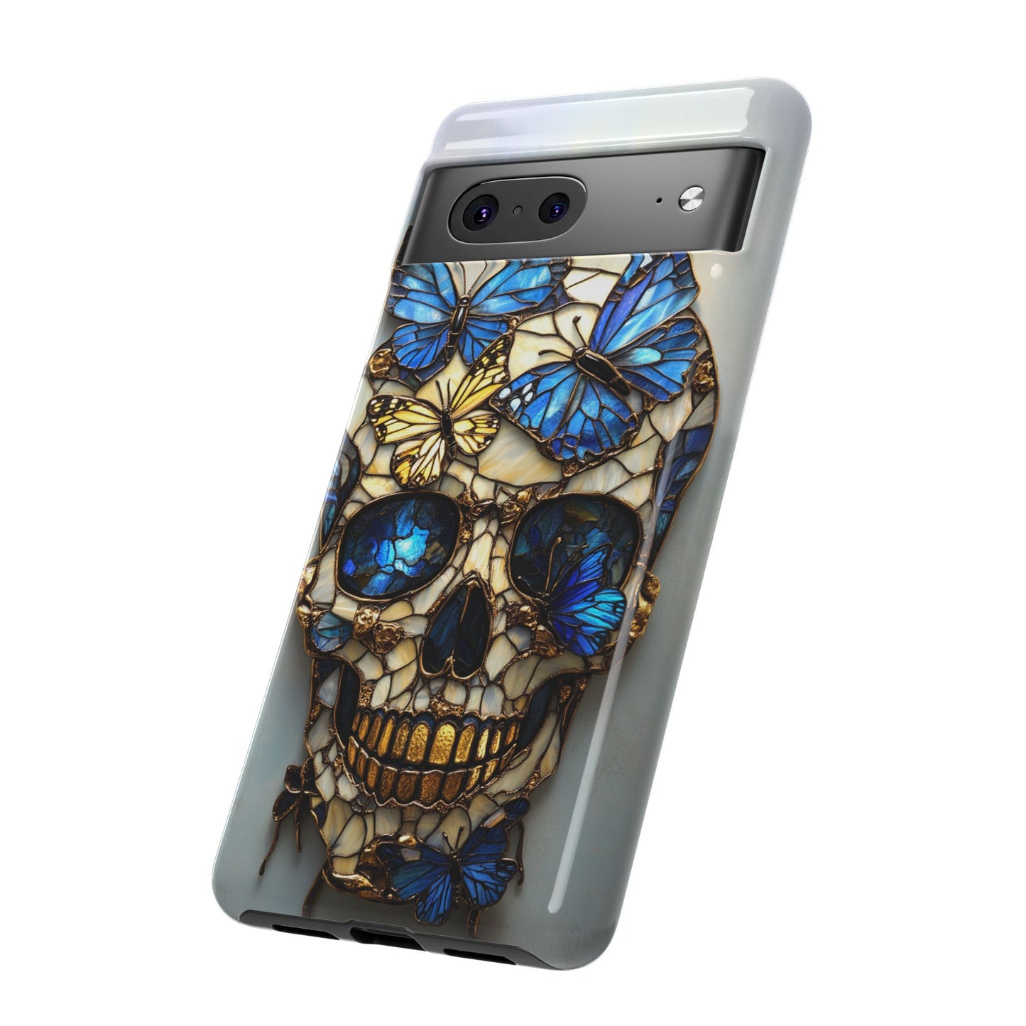 Gold and Blue Stained Glass Skull and Butterflies Phone Cover