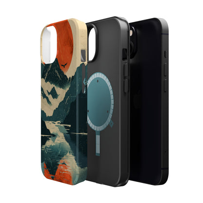 Retro iPhone Case Mountain Sunset Lake Reflection MagSafe Phone Case