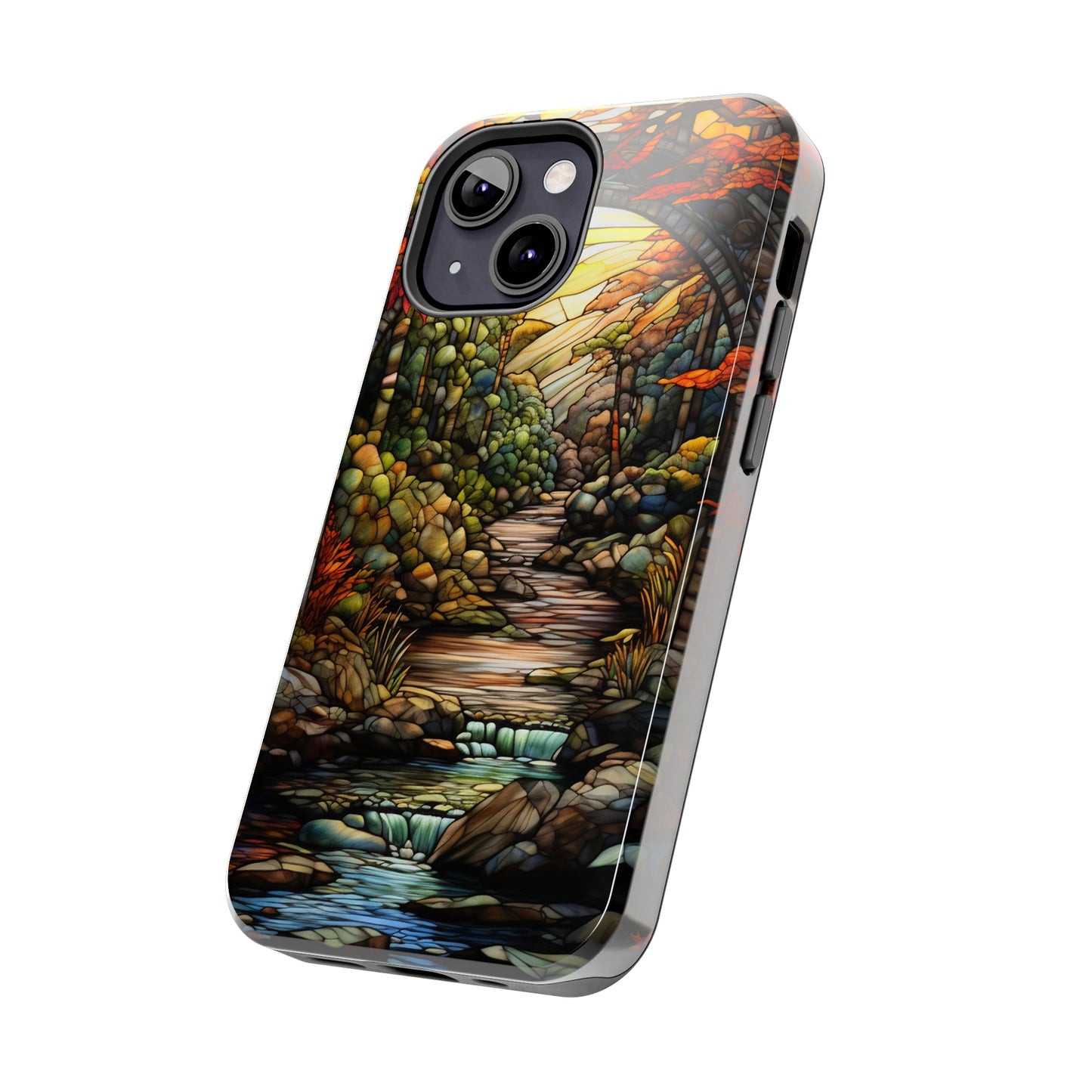 Stained Glass Stone Bridge and River: Floral Art Nouveau Phone Case | Bohemian Elegance for iPhone 14 down to iPhone 7 Models