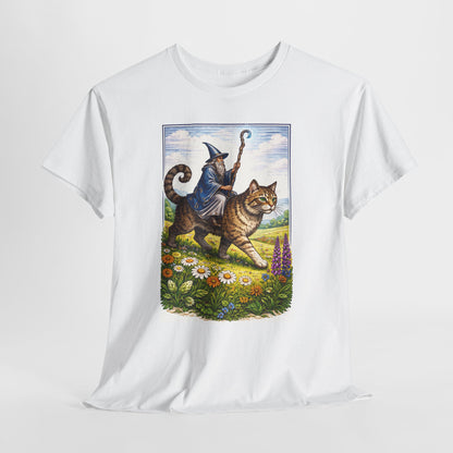medieval wizard riding cat graphic tee
