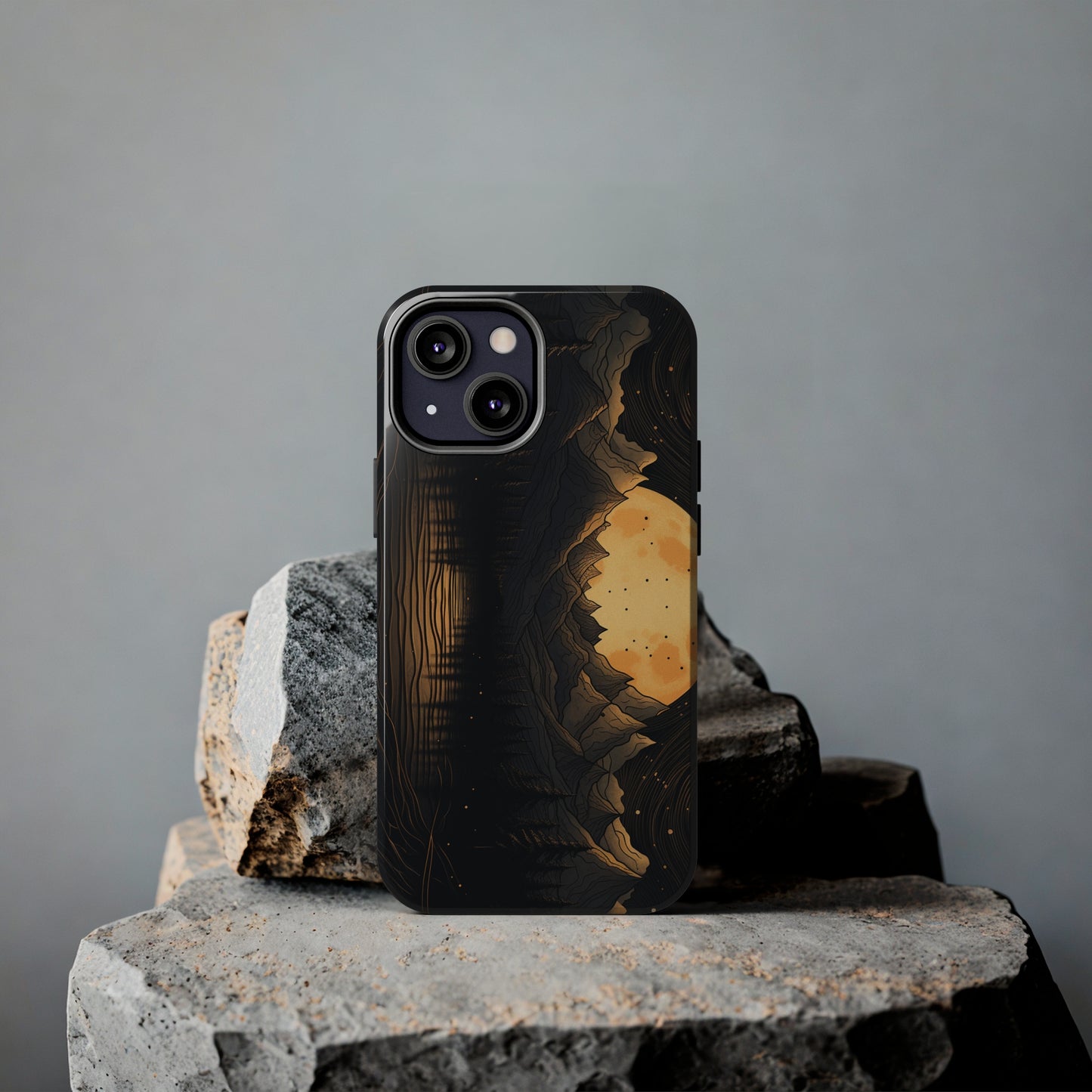 Abstract Landscape Black and Gold Mountains iPhone Case | Embrace the Mystical Full Moon