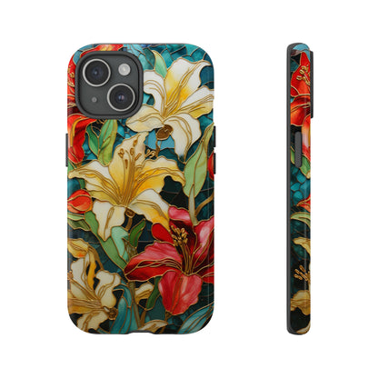 Lily stained glass floral gold inlay phone case for iPhone 15