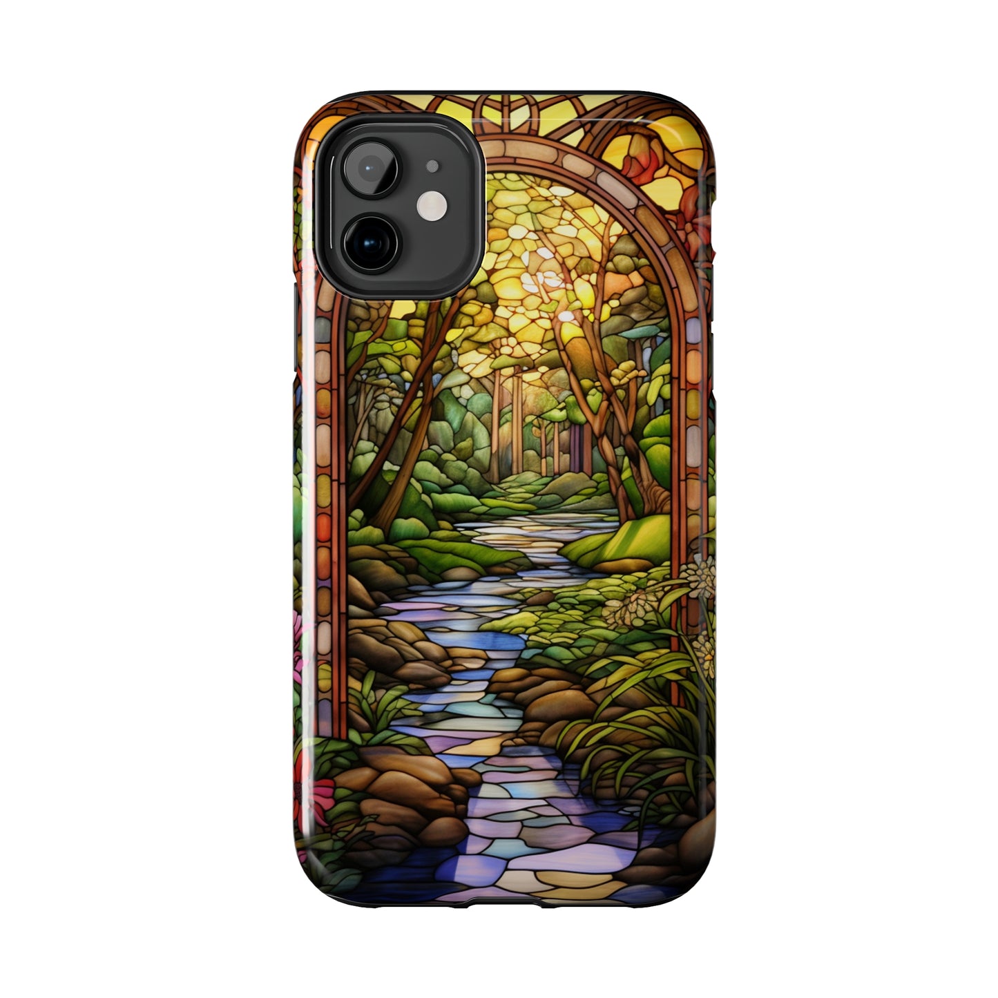 Stained Glass Stone Bridge and River Phone Case: Floral Art Nouveau Design | Bohemian Elegance for iPhone 14 Pro Max, iPhone 14 Plus