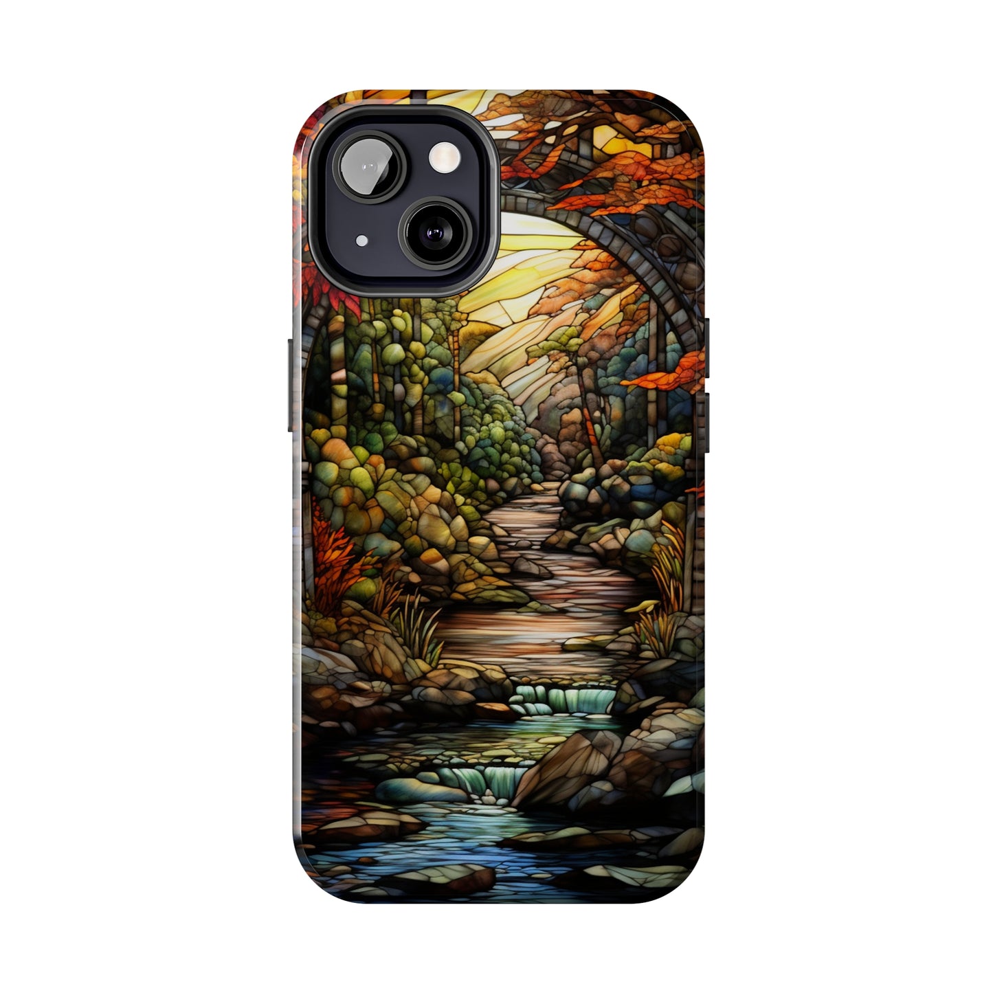 Stained Glass Stone Bridge and River: Floral Art Nouveau Phone Case | Bohemian Elegance for iPhone 14 down to iPhone 7 Models