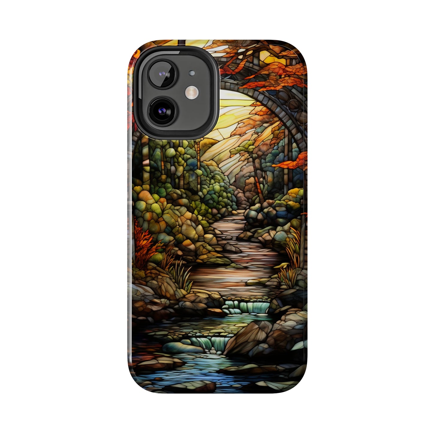 Stained Glass Stone Bridge and River: Floral Art Nouveau Phone Case | Bohemian Elegance for iPhone 14 down to iPhone 7 Models