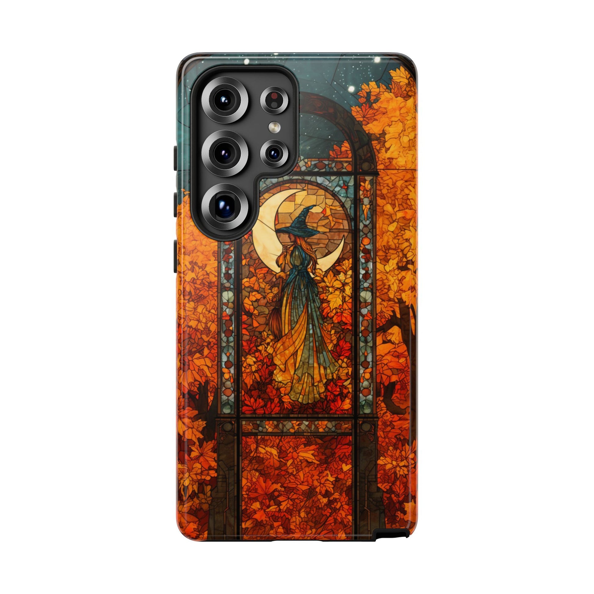 Phone case with autumn-themed design featuring a witch and stained glass window on a white background