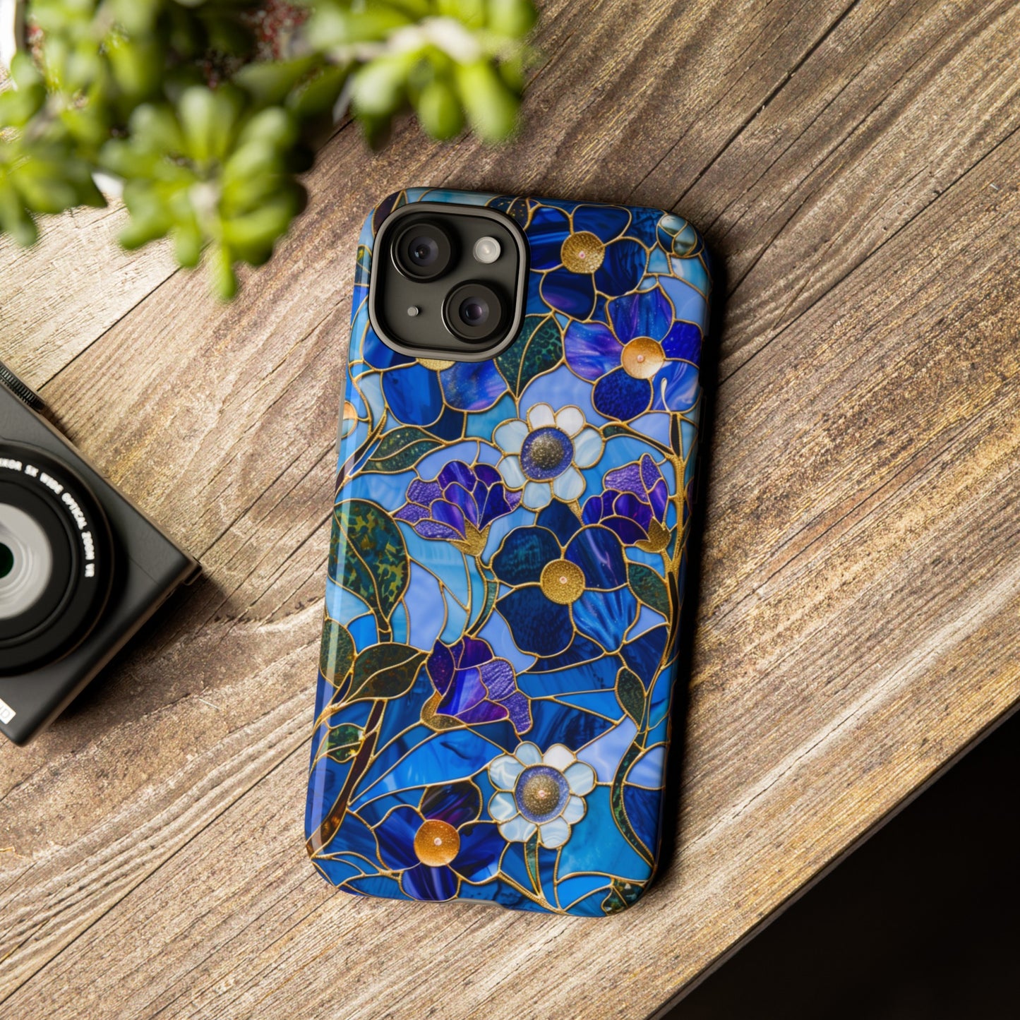 Blue Floral Stained Glass Gold Inlay Wild Flowers Phone Case