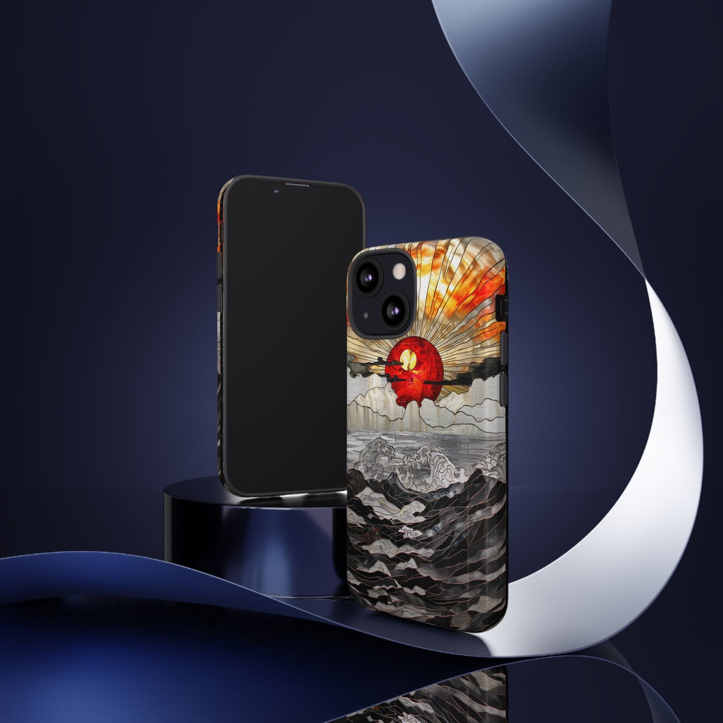 Japanese Rising Sun Phone Case Stained Glass Ocean Wave Phone Cover iPhone 15 Case