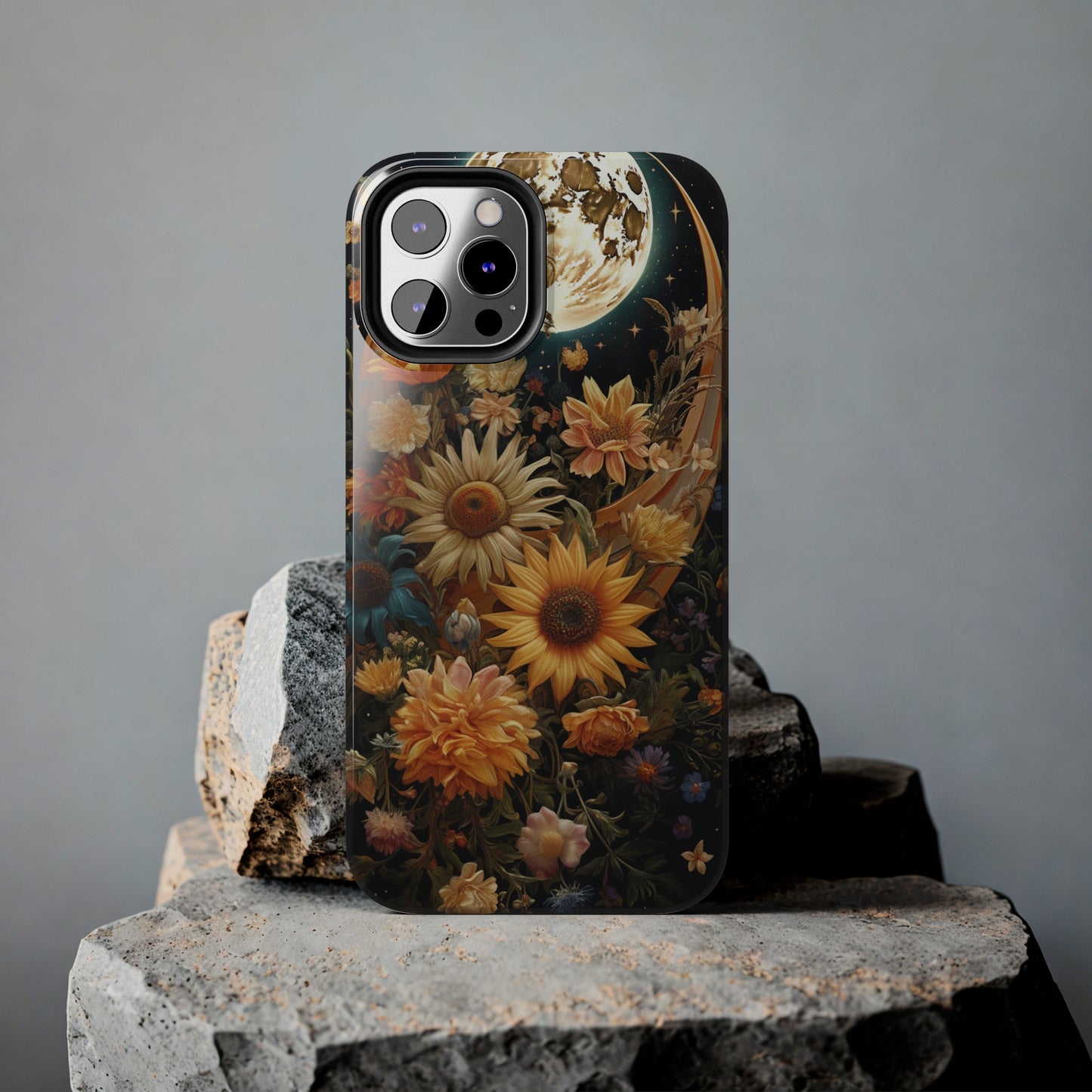 Celestial Charm: iPhone Case with Boho Cottagecore Fusion of Floral, Sun, Moon & Stars