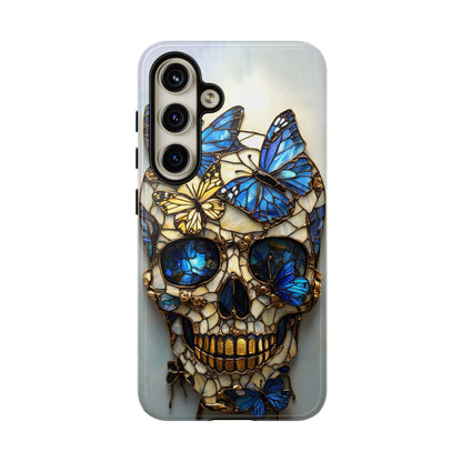 Gold and Blue Stained Glass Skull and Butterflies Phone Cover