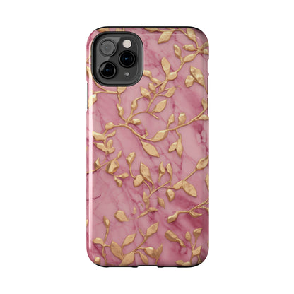 iPhone 14 Case Alluring Elegance: Pink & Gold Leaf Tough iPhone Case