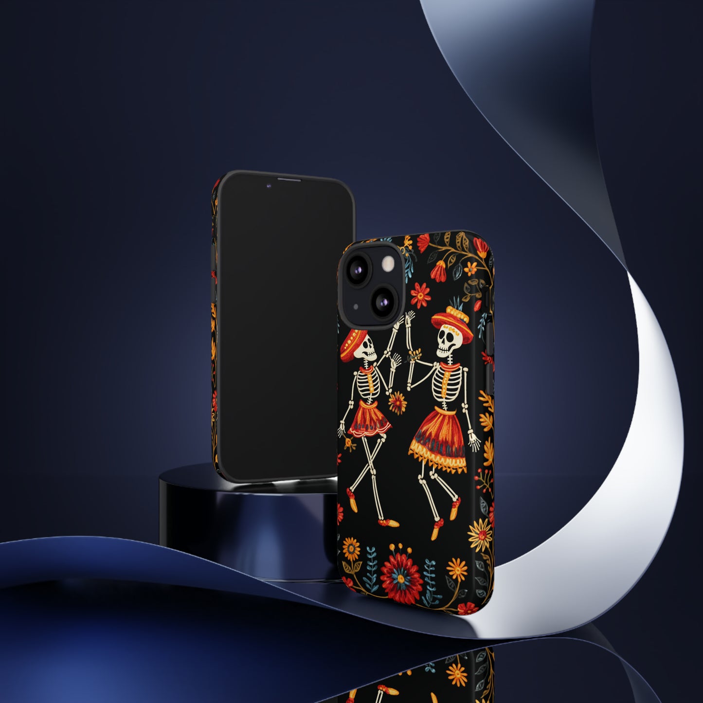 Dead Can Dance, iPhone 15 case, Floral Embroidery Skeletons | Whimsical Dance of the Departed for Google Pixel, iPhone & Samsung Galaxy