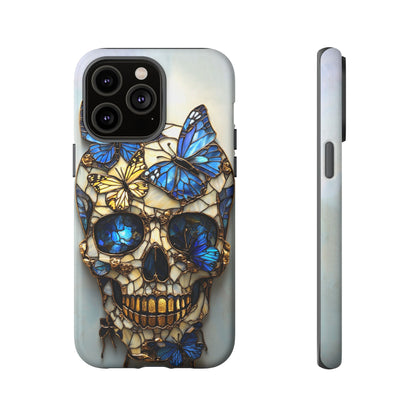 Gold and Blue Stained Glass Skull and Butterflies Phone Cover