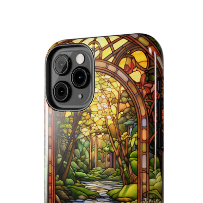 Stained Glass Stone Bridge and River Phone Case: Floral Art Nouveau Design | Bohemian Elegance for iPhone 14 Pro Max, iPhone 14 Plus