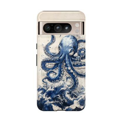 Vintage Japanese Art Style Blue Octopus and Waves Phone Cover