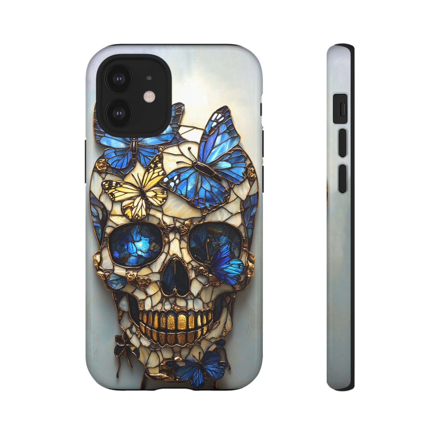 Gold and Blue Stained Glass Skull and Butterflies Phone Cover