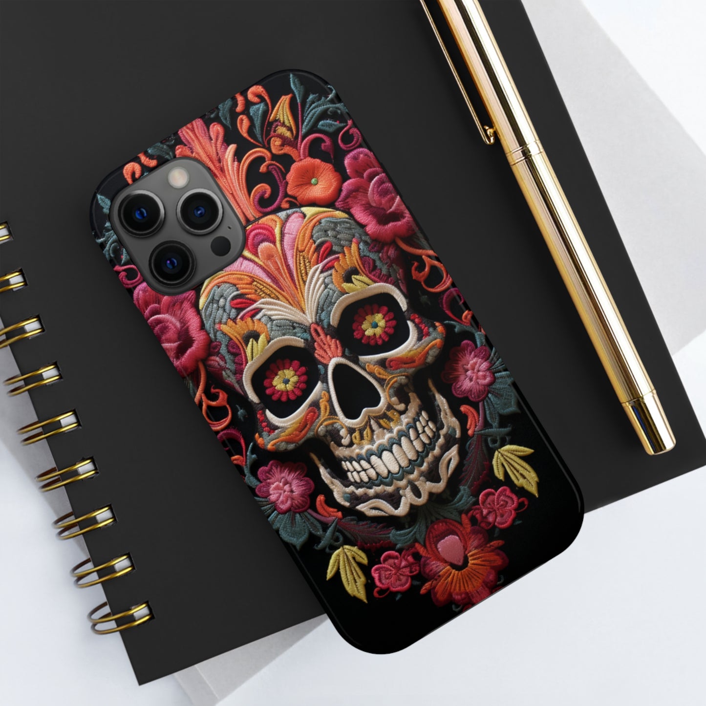 Embroidery Style Sugar Skulls Goth Dark Academia Tough Case iPhone, Edgy Cover, iPhone 14 Plus 13 12 7 8 Se Trendy Halloween Retro Vibe