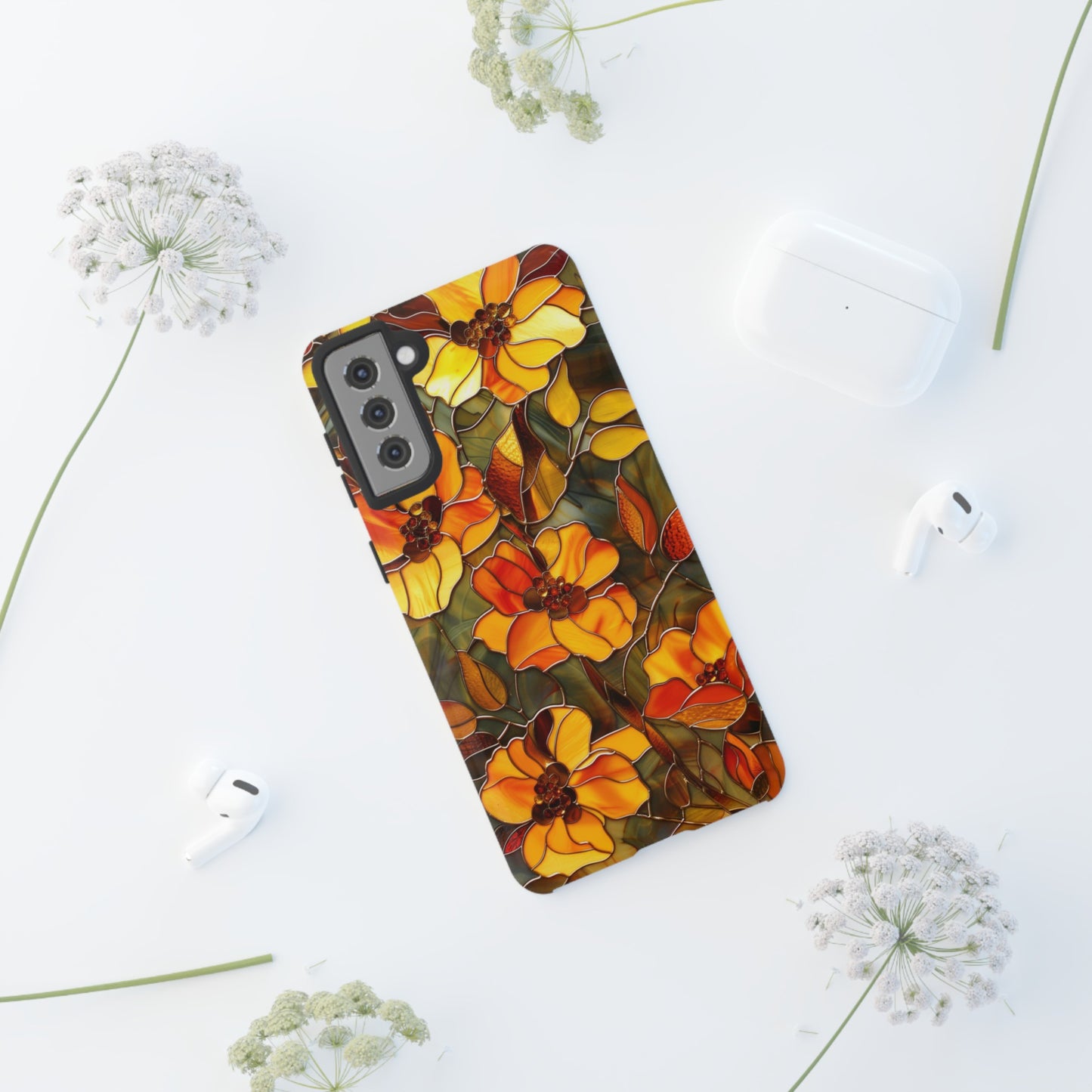 Orange Floral Phone Case Stained Glass Style