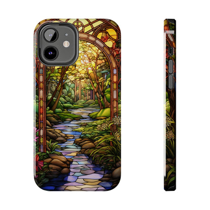 Stained Glass Stone Bridge and River Phone Case: Floral Art Nouveau Design | Bohemian Elegance for iPhone 14 Pro Max, iPhone 14 Plus