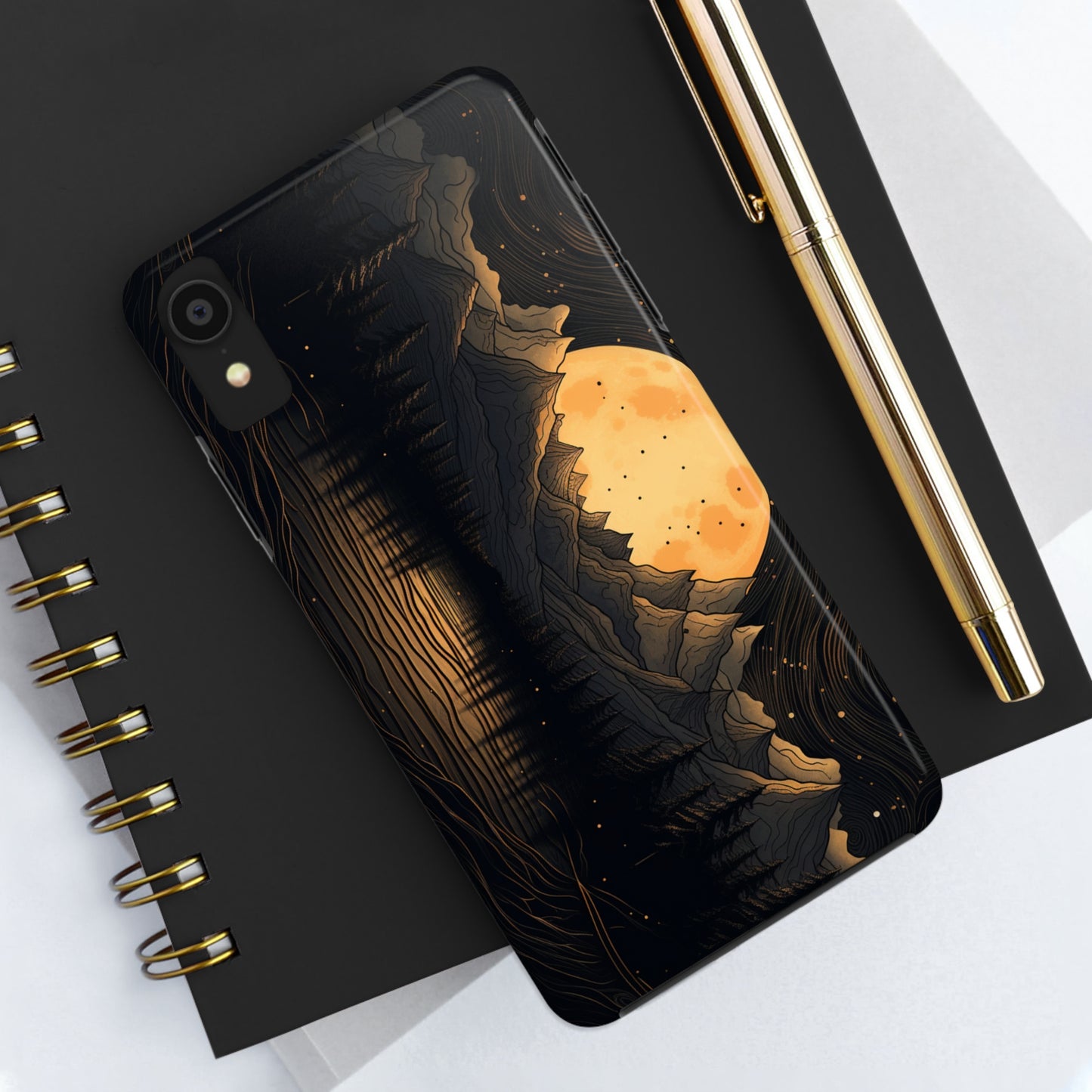 Abstract Landscape Black and Gold Mountains iPhone Case | Embrace the Mystical Full Moon