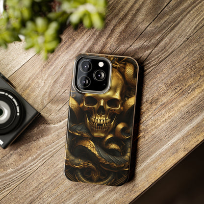 iPhone 14 Case Dark Elegance: Gold Skulls and Snakes Tough iPhone Case | An Edgy Goth Delight