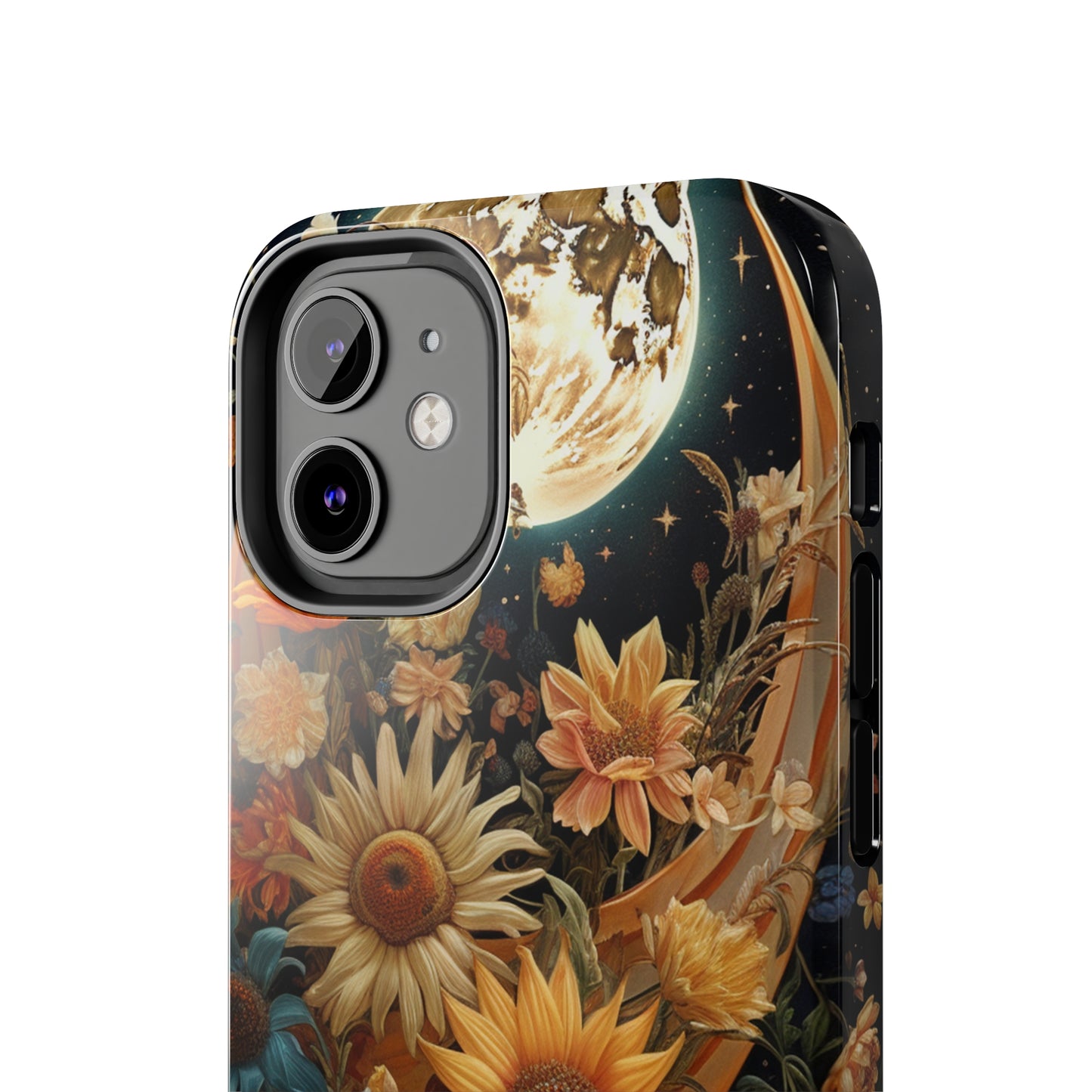 Celestial Charm: iPhone Case with Boho Cottagecore Fusion of Floral, Sun, Moon & Stars