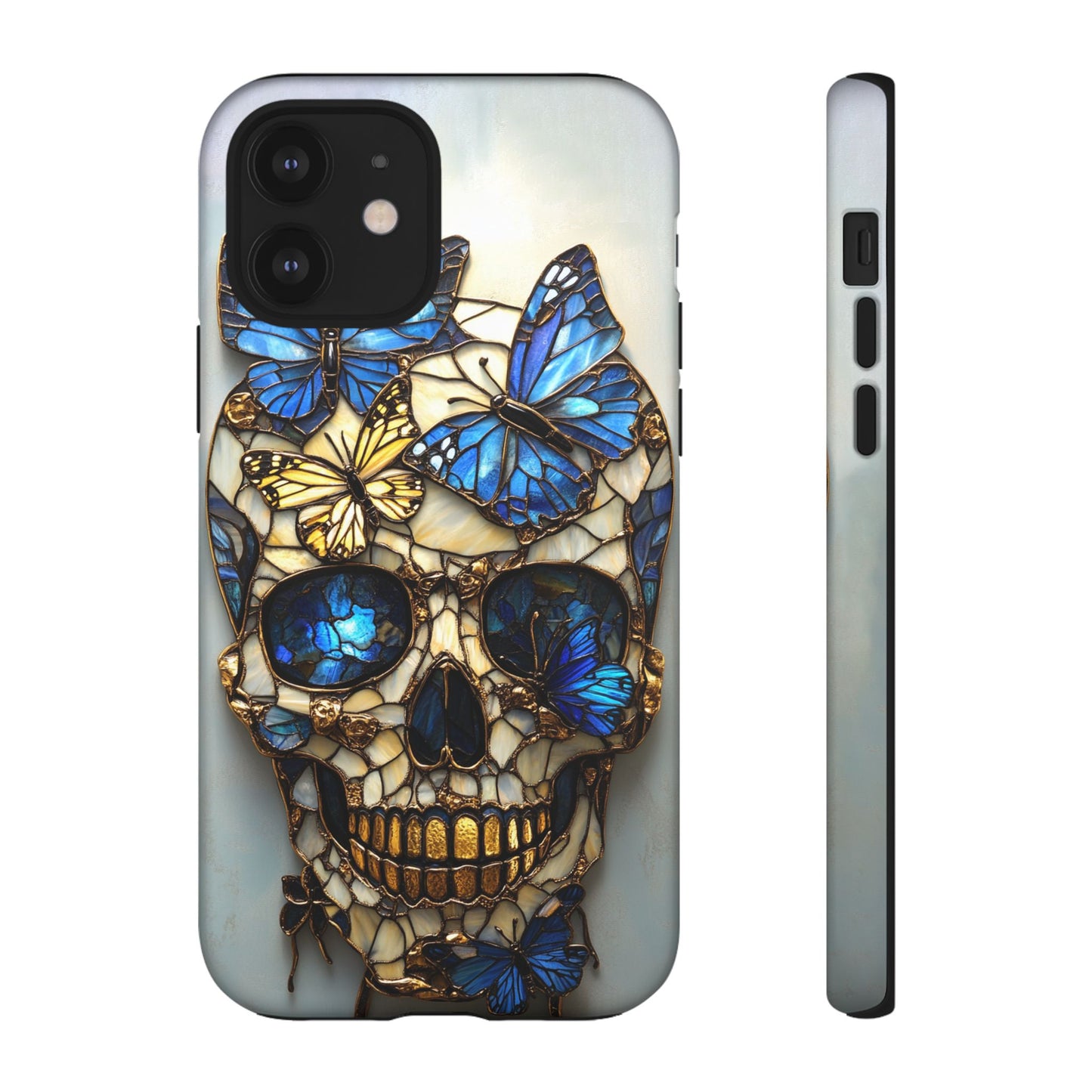 Gold and Blue Stained Glass Skull and Butterflies Phone Cover