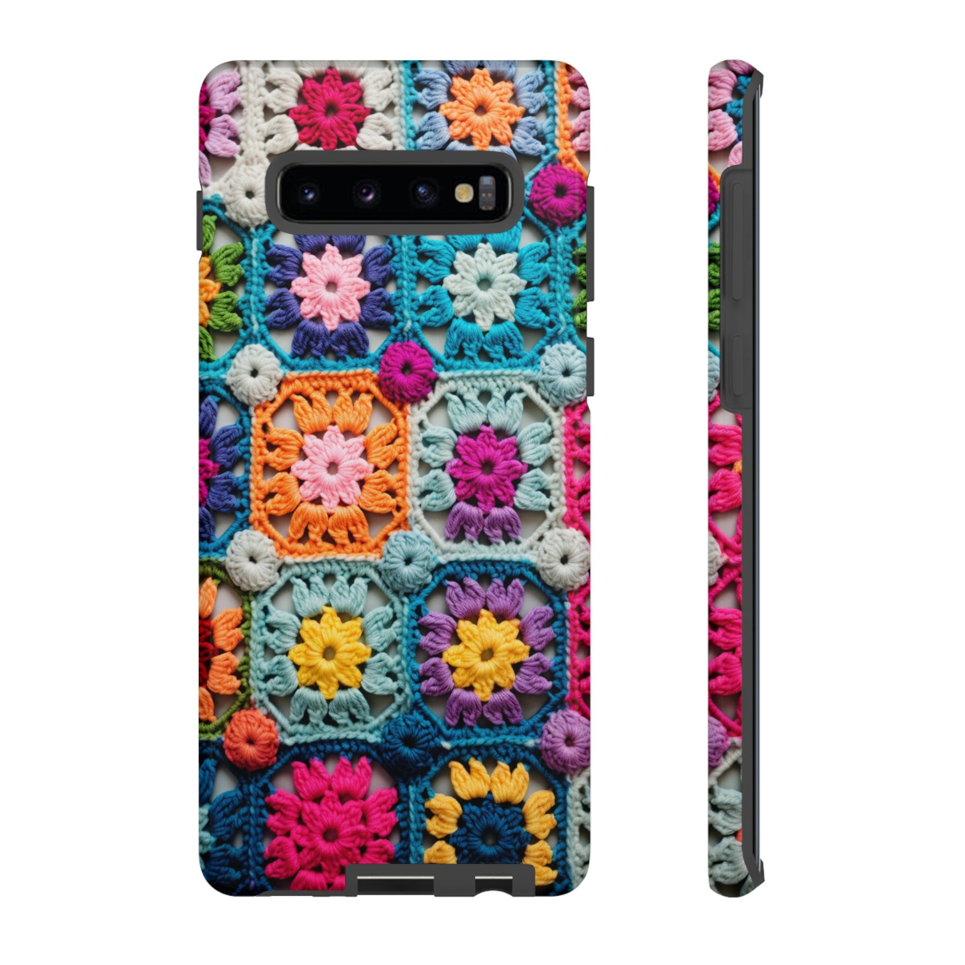 Faux knit granny square phone case in warm fall colors