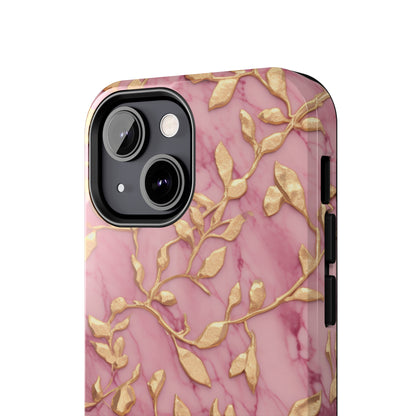 iPhone 14 Case Alluring Elegance: Pink & Gold Leaf Tough iPhone Case