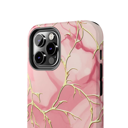 iPhone Elegance Unveiled: Pink & Gold Leaf Marble | Premium Tough iPhone Case